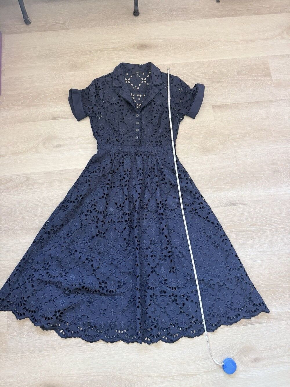J Crew Embroidered Eyelet Navy Midi Dress Sz 2 1940s Retro Pockets Lucy Pinup - Picture 9 of 16